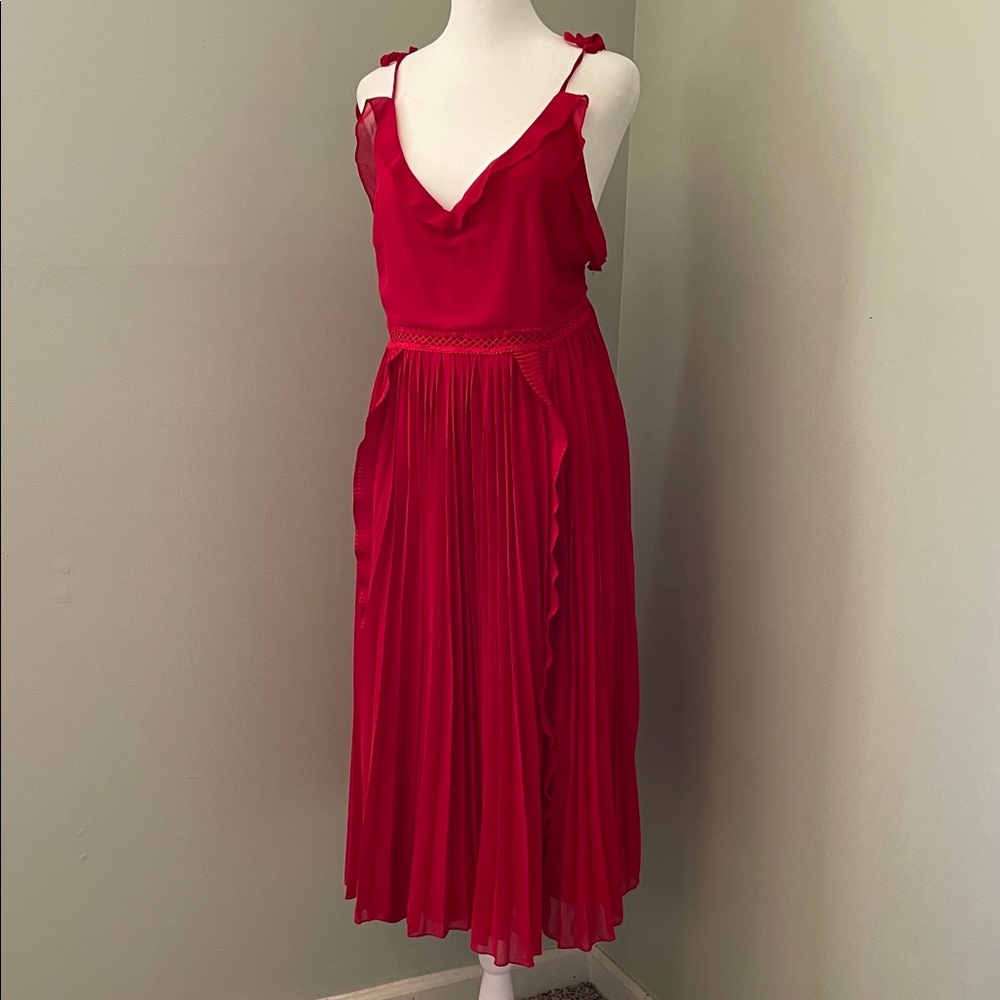 Lulu's Vibrant Pink Pleated Midi Dress with Ruffle Trim